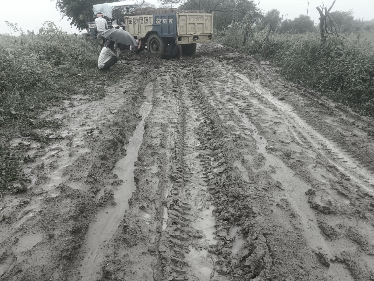 फोटो - 26 बारिश से कीचड़ हो जाने से फंसा ट्रैक्टर ट्राली। संवाद