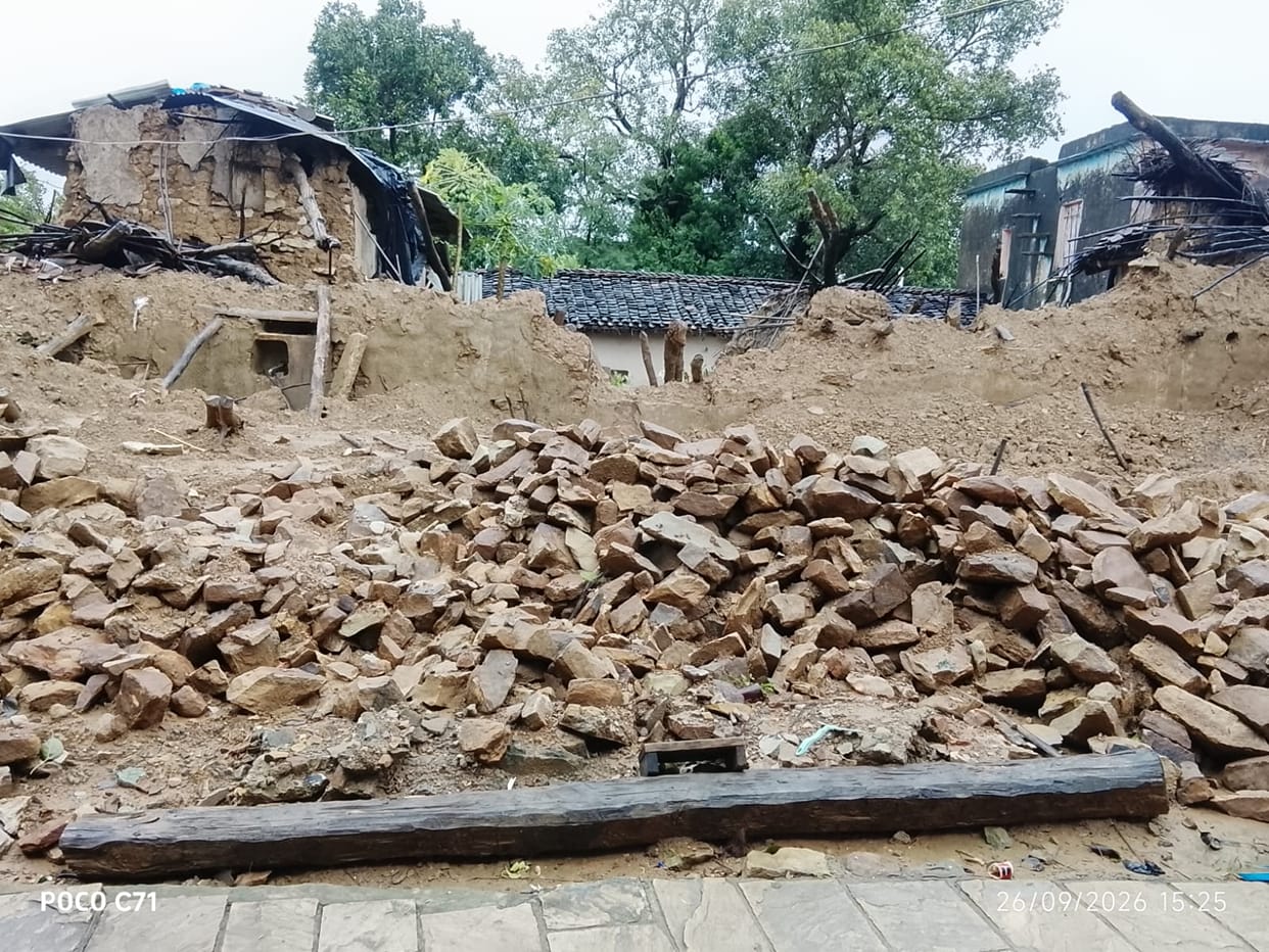 Kutcha houses collapsing due to rain; many families rendered homeless.