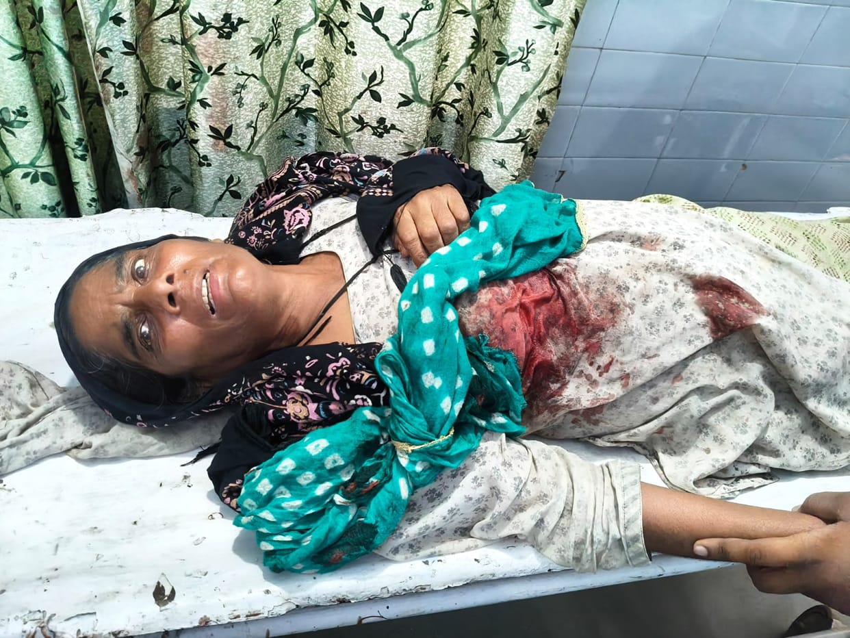 Bull slams elderly woman to the ground; she is injured.