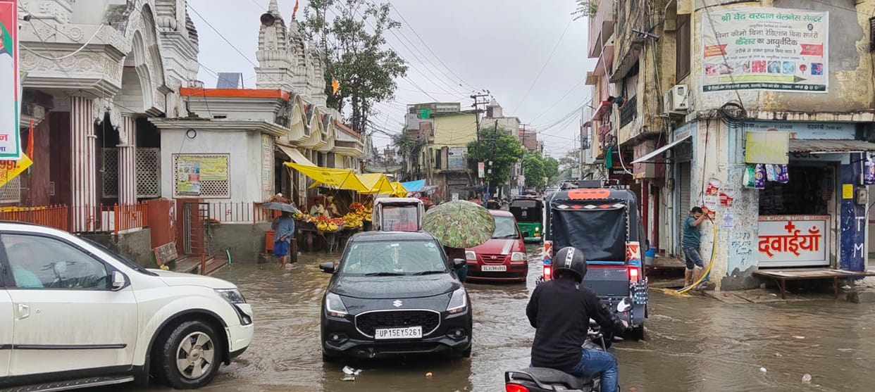 Rain turns Sardhana's roads into ponds.