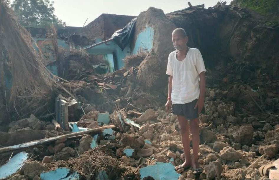 Kutcha house collapses in rain; elderly woman trapped under debris.