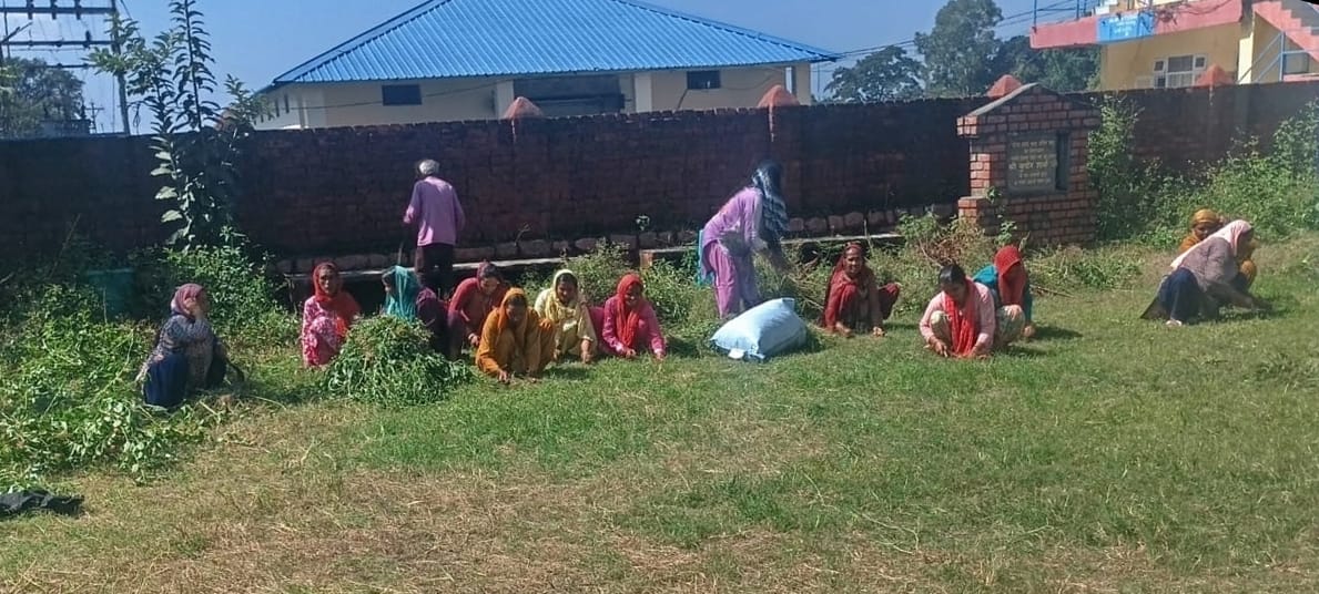 पासू के काली माता मंदिर में परिसर में सफाई करते हुए ग्रामीण। जागरूक पाठक