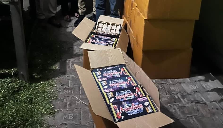 Firecracker warehouse busted in residential area; 60 cartons seized.