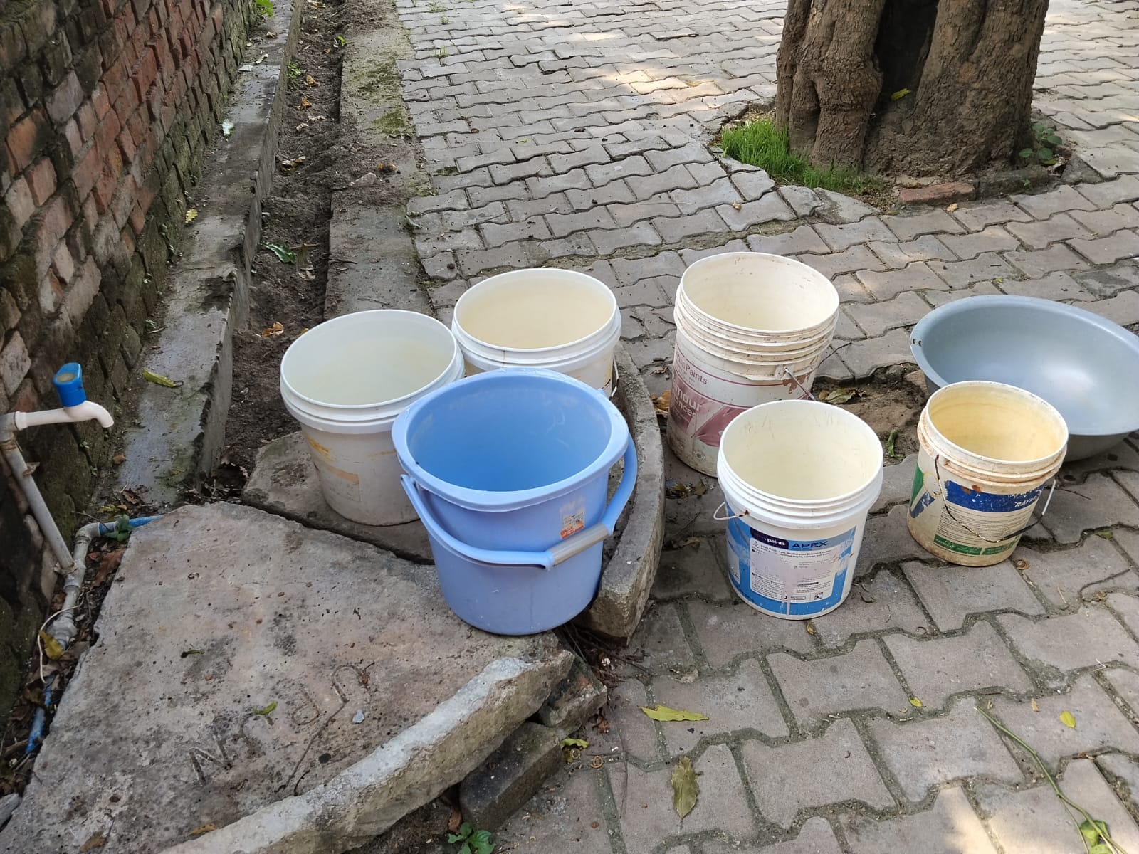शेखपुर मोहल्ला में पानी इंतजार में रखे बाल्टियां।