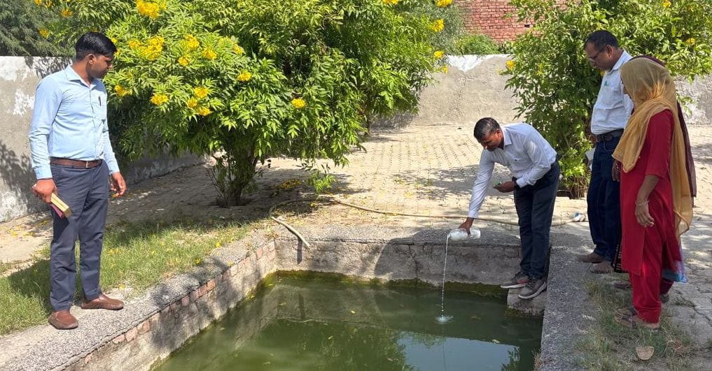 फोटो 05जेएनडी17-बराह कलां में मच्छरों के पैदा होने से रोकने के लिए पानी में दवाई डालते हुए कर्म