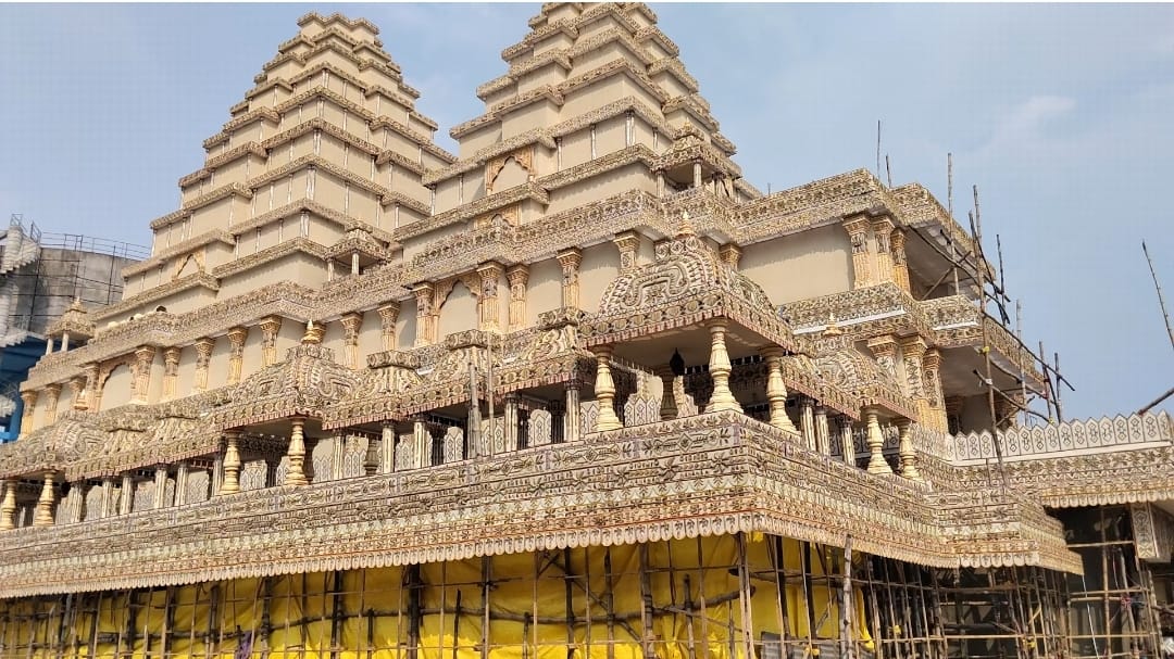 A grand Durga Puja pandal is being constructed at Bakri Bazar at a cost of ₹1.5 crore; it will feature