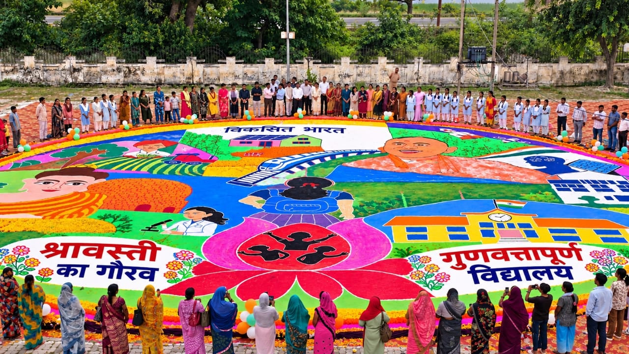 A depiction of a developed India created in Rangoli.