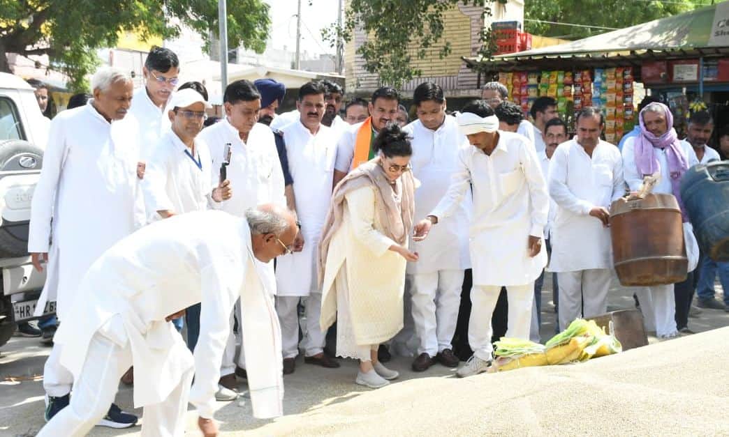 भिवानी अनाज मंडी का दौरा कर व्यवस्थाओं का जायजा लेतीं सिंचाई मंत्री श्रुति चौधरी।