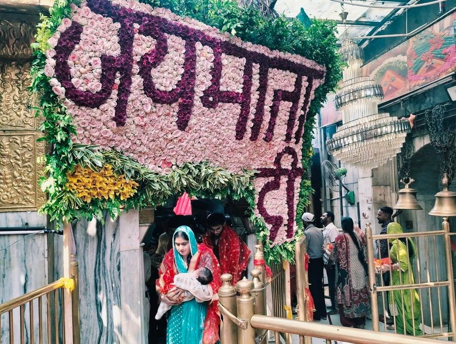 Goddess Chintpurni's shrine adorned with colorful flowers for the Sharadiya Navratri.