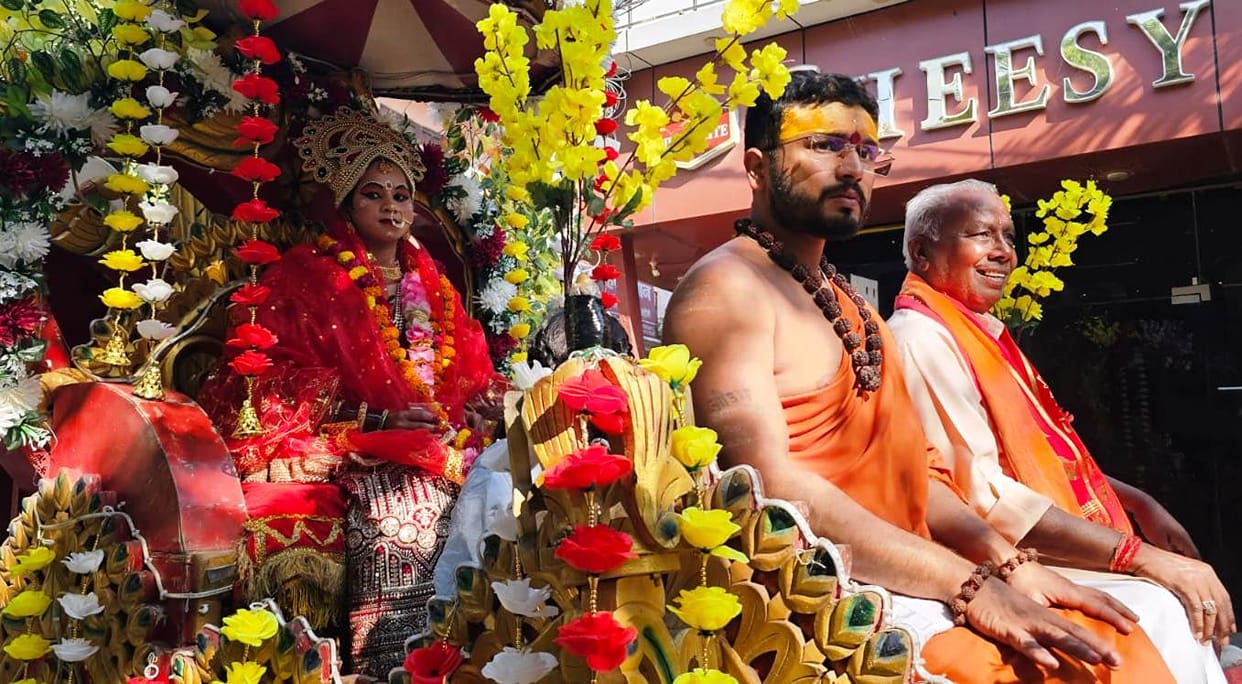 Chants echoed during the Goddess Durga procession, and flowers were showered at various points along the route.