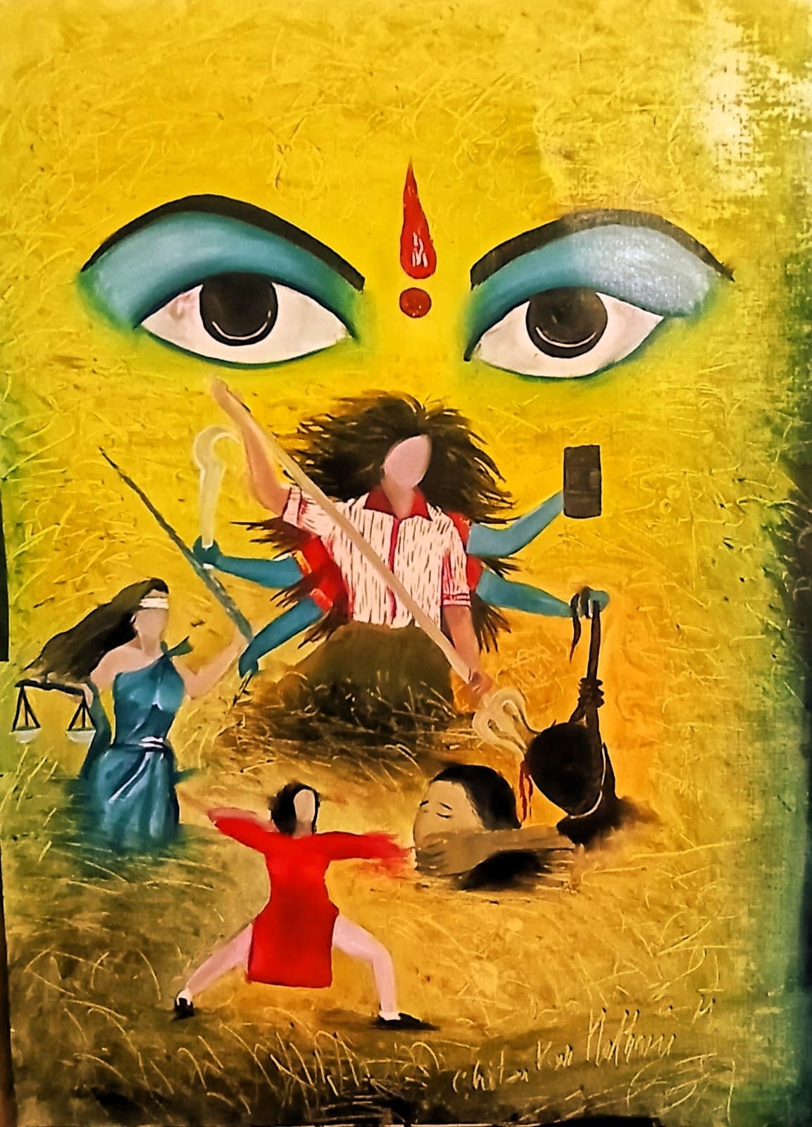 चित्रकार हाथरसी द्वारा बनाई गई आधुनिक दुर्गा की पेंटिंग। स्रोत : स्वयं