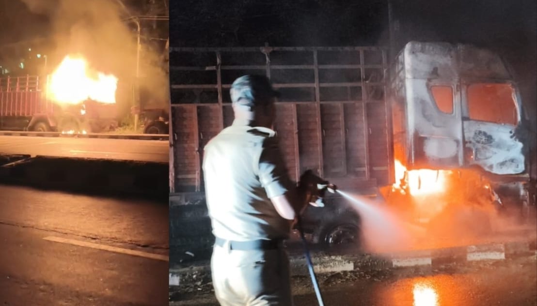 muzaffarpur cement truck fire nh 57 driver injured ahiyapur