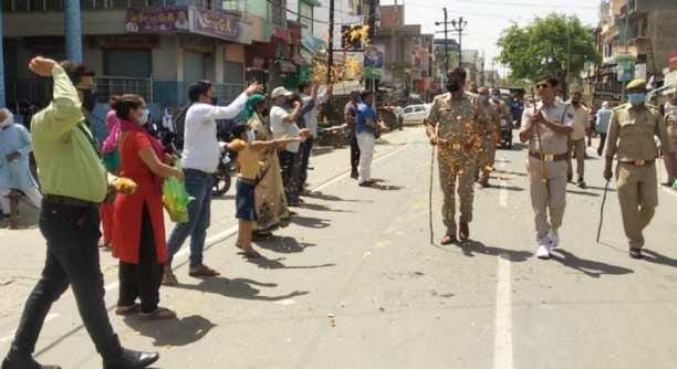Flower showering on policeMen.