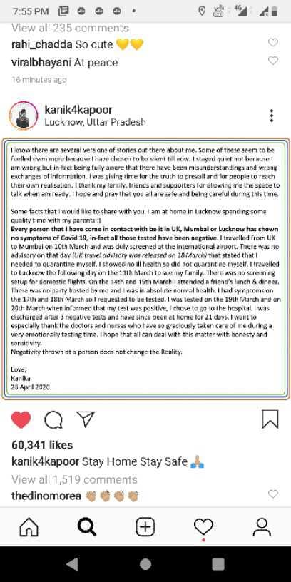 kanika kapoor breaks her silence at instagram