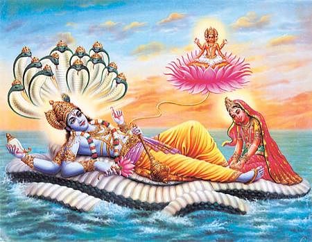 Goddess lakhsmi pressing lord vishnu feet