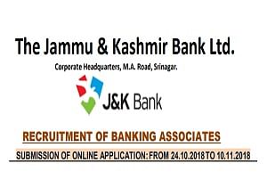 J&K Bank Recruitment 2018: Hiring 1200 Bank Associates, Apply Before November 10