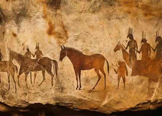 घोड़ों और मानव आकृतियों को दर्शाती पुरातन गुफा की चित्रकारी।