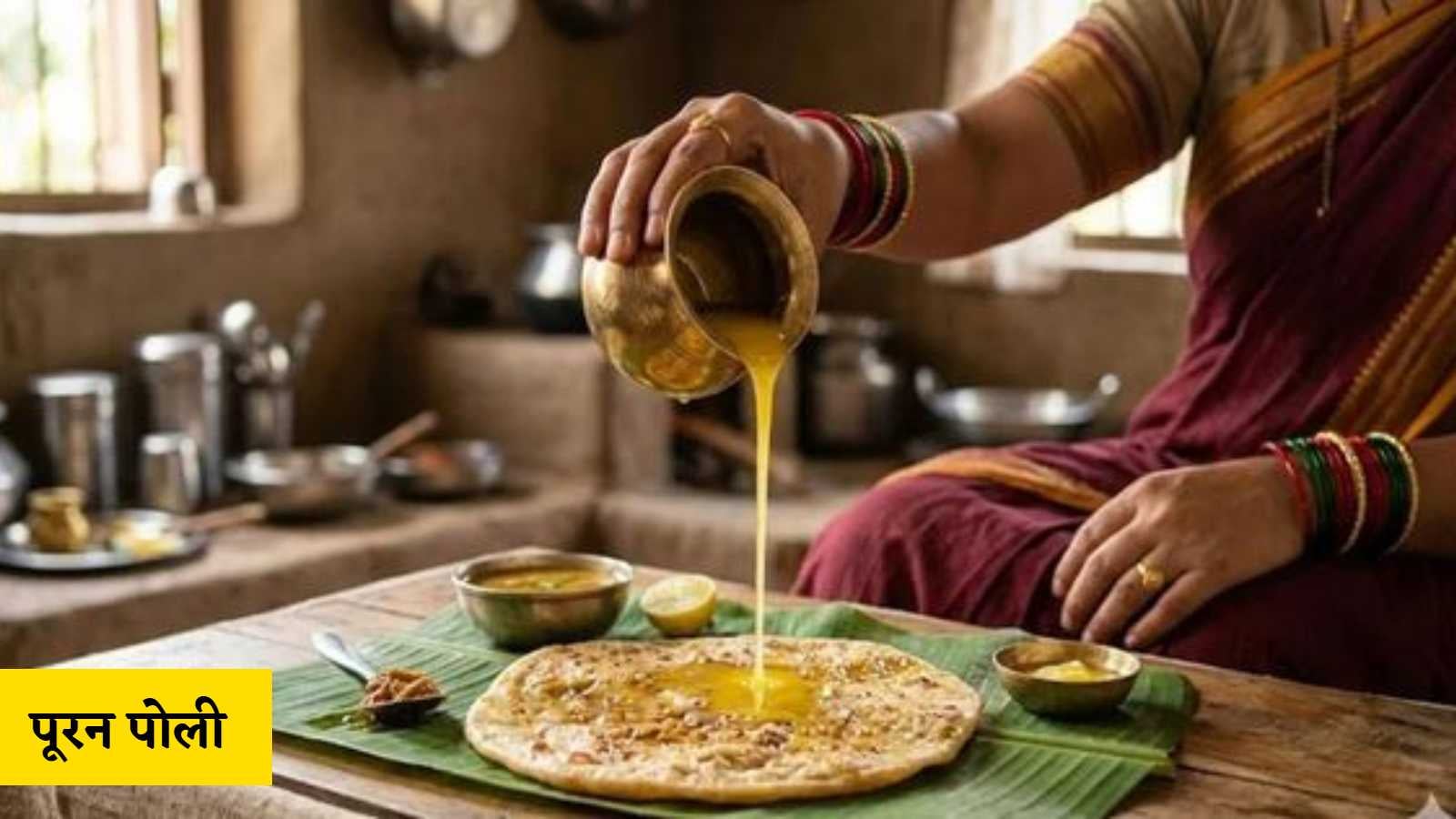 गेहूं के आटे की पतली रोटी के भीतर चने की दाल और गुड़ से तैयार मीठी भरावन रखकर पूरन पोली बनाते हैं।