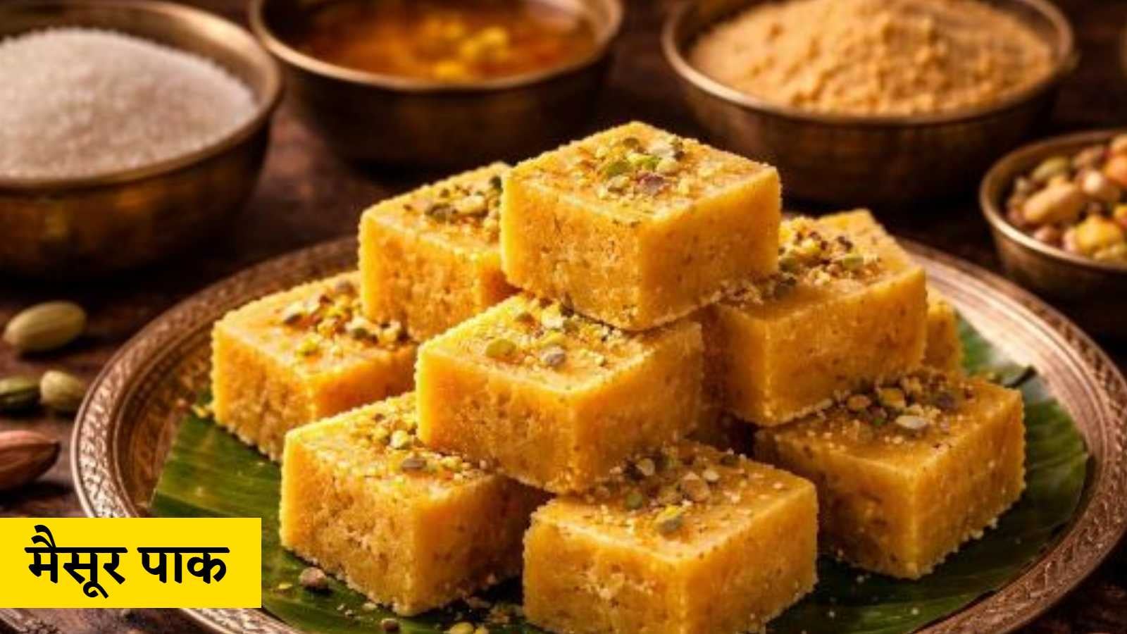 कर्नाटक की पहचान से जुड़ी मैसूर पाक मिठाई बेसन, चीनी और घी से तैयार होती है।