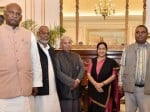  External Affairs Minister, Sushma Swaraj  meets madhesi leadrs of nepal at hyderabad house in new delhi 