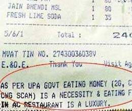 mumbai based hotel mocks upa govt policy on bill   