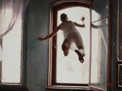 woman jumps from window