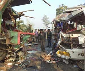 In a road accident two died, 28 injured