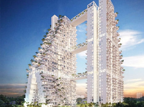 multi storied building with swimming pool at adjoining points in air