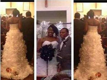 mother tied newborn to her gown on wedding day