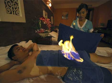 man being burnt as a way to medicate