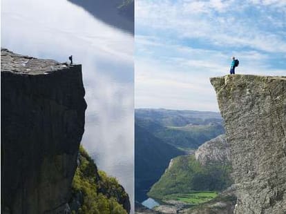 parents lets child sit a corner on a cliff