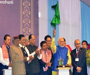 PM narendramodi at the flagging off of the first train from Mendipathar, Meghalaya to Guwahati.