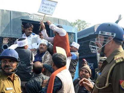 Protest by BTC teachers in Lucknow.