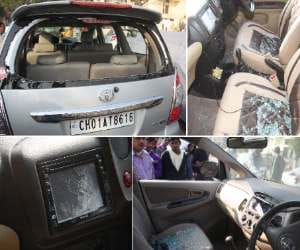 group of young man broke glass of 17 car