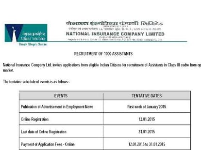 Recruitment of 1000 Assistants in National Insurance Company Ltd.