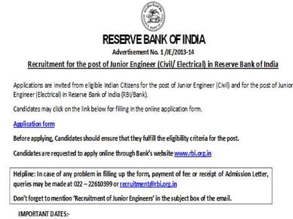 Recruitment for the post of Junior Engineer (Civil/ Electrical) in RBI.