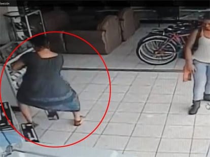 lady thief caught stuffing TV up her skirt 