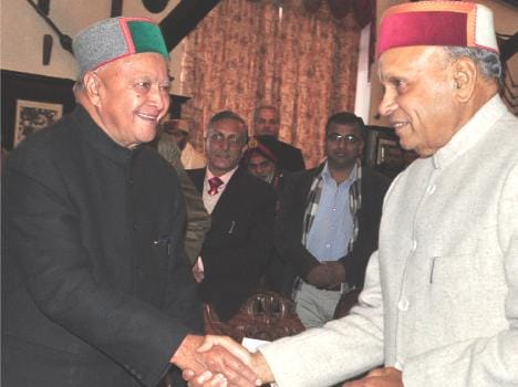 cm virbhadra singh and prem kumar dhumal campaigning for zila parishad election at dharamshala.