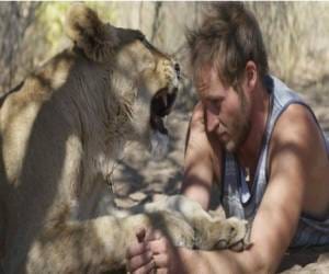 a man afaction to female lion