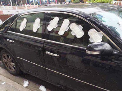 girlfriend sticks sanitary pads on boyfriends car thinking he's a cheat