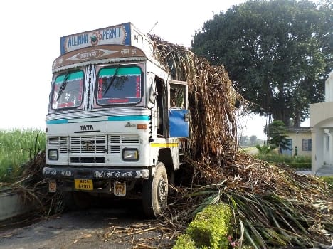 Hightension wire fire truck laden with cane