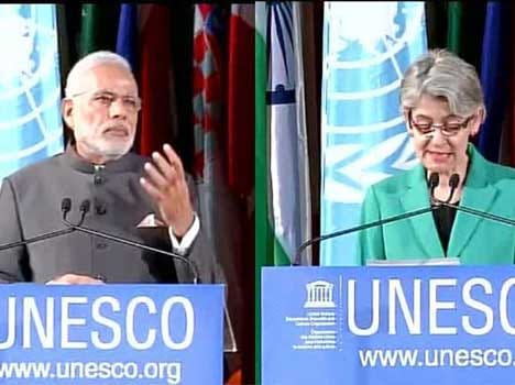 Modi reach to Paris,Unesco resound with vande mataram