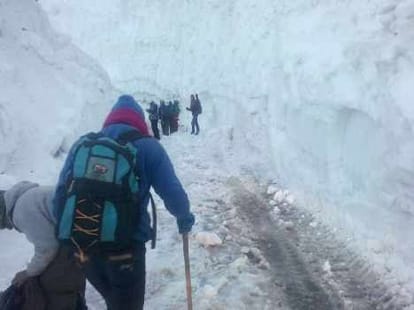woman cross  Rohtang Pass for crop in himachal.