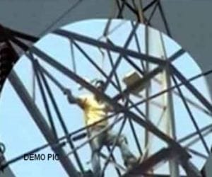 farmer climbed up on high tension tower for compensation of 20 lakh