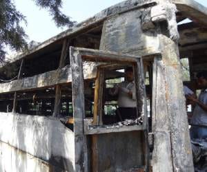 double decker bus burning at shahbad