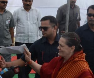 Sonia Gandhi targets Modi in Raebareli.