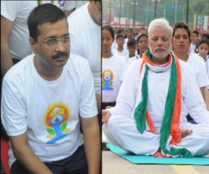kejriwal did yoga with modi, AAP said agains modi's yoga style