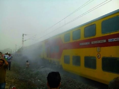 Double-decker train brake shoe smoke from burning out