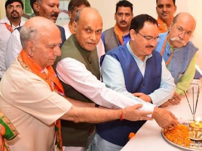 union health minister jp nadda on a visit to una himachal pradesh