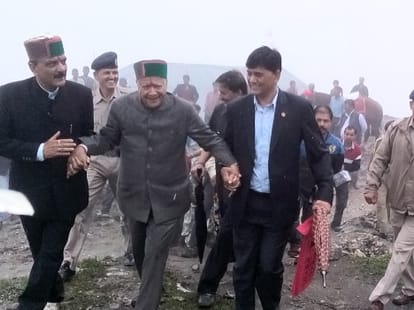 cm virbhadra singh on a visit to rampur.